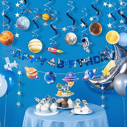 Homarkable Conjunto de Decoraciones Preinstaladas para Fiesta de Cumpleaños con Temática del Espacio Exterior, que incluye 2 Banderines de Feliz Cumpleaños y 10 Streamers de Planetas del Sistema Sola