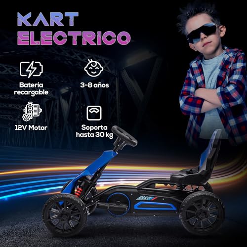 HOMCOM Go Kart Coche Eléctrico para Niños de 3 a 8 Años Kart con Batería 12V Velocidad Ajustable 3-5 km/h y Cinturón de Seguridad Carga 30 kg para Exterior 100x58x58,5 cm Azul
