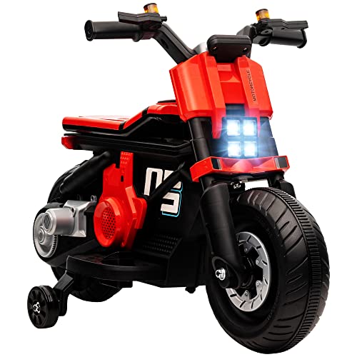 HOMCOM Moto Eléctrica Infantil Moto de Batería 6V con Faros Música Bocina Velocidad 3 km/h Avance Retroceso y Ruedas Auxiliares para Niños de 3-5 Años Carga 25 kg 86x44x58 cm Negro y Rojo