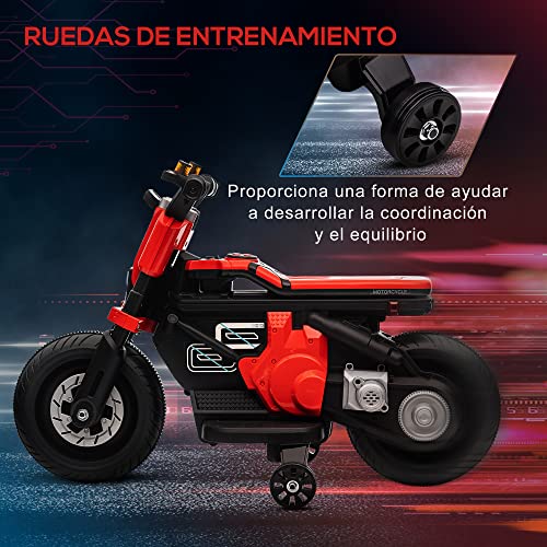 HOMCOM Moto Eléctrica Infantil Moto de Batería 6V con Faros Música Bocina Velocidad 3 km/h Avance Retroceso y Ruedas Auxiliares para Niños de 3-5 Años Carga 25 kg 86x44x58 cm Negro y Rojo