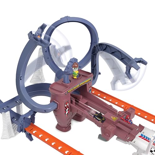 Hot Wheels Telaraña de Spider-Man de RacerVerse, pista para coche de juguetes, con dos pilotos, +4 años (Mattel HPL34)