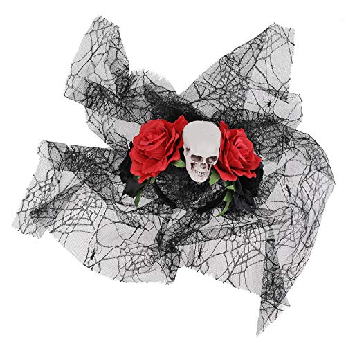 HOWAF Diadema del Día De Muertos con Rosas Rojas, Calavera y Velo, Tamaño Único, Mexicano Diadema de Flores Catrina, Accesorio para Disfraz de Halloween Mujer