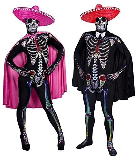 I LOVE FANCY DRESS Disfraces de Halloween para el Día de los Muertos, trajes de piel de calavera de azúcar a juego + sombreros para él y para ella + capas rojas y rosas (hombres: XL - mujeres: L)