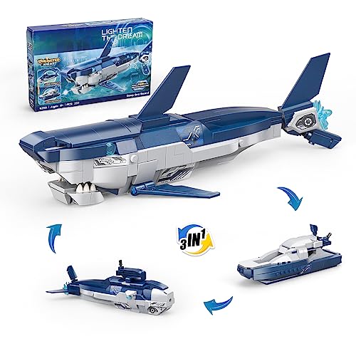 Ideas Creator Tiburón 3 en 1 / Submarino / Lancha Rápida Juguetes de Construcción para Niños y Niñas 6-14 Bloques de sujeción Ideas Compatible con Lego Tiburón (237 unidades)