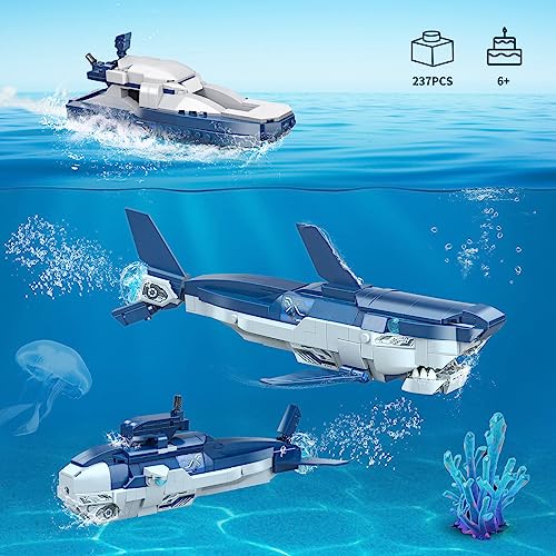 Ideas Creator Tiburón 3 en 1 / Submarino / Lancha Rápida Juguetes de Construcción para Niños y Niñas 6-14 Bloques de sujeción Ideas Compatible con Lego Tiburón (237 unidades)