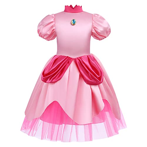 IDOPIP Disfraz de princesa Peach para niña, Disfraz Super Mario Bros Niño con Corona por Carnaval Fiesta Halloween Cosplay Cumpleaños Rosa 6-7 Años