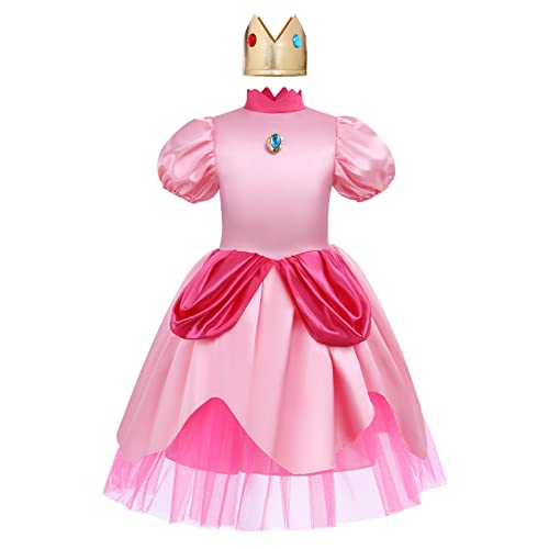 IDOPIP Disfraz de princesa Peach para niña, Disfraz Super Mario Bros Niño con Corona por Carnaval Fiesta Halloween Cosplay Cumpleaños Rosa 6-7 Años
