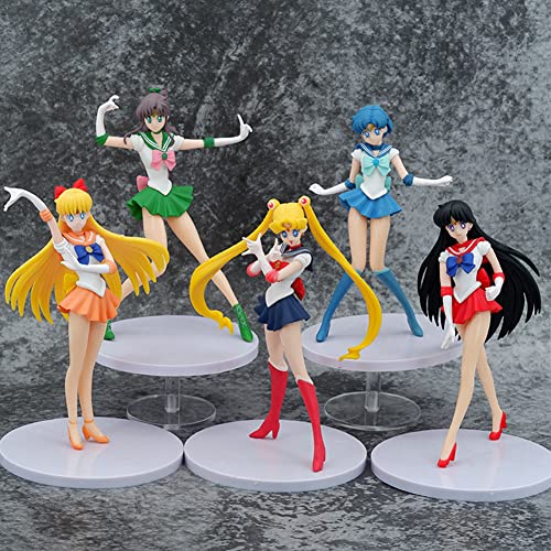 IFHDO Sailor Moon Figuras de Anime 5pcs Sailor Moon Modelo de Figura de Personaje de PVC Anime Estatua Juguetes para Niños Regalo Modelo Decoración de Escritorio 18cm