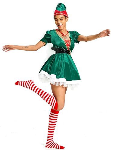 IKALI Disfraz de Papá Noel para mujer, vestido de elfo, juego de rol, regalo para adultos, disfraz con sombrero, cinturón, calcetín, collar