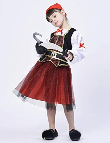 IKALI Disfraz de Pirata para niña, Traje de Lujo del Vestido de Lujo de Buccaneer(Set de 4 Piezas) Vestido de Animal Equipar Princesa de Halloween Juego de rol 4-6años