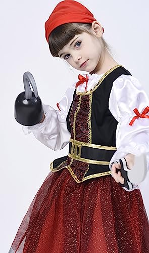 IKALI Disfraz de Pirata para niña, Traje de Lujo del Vestido de Lujo de Buccaneer(Set de 4 Piezas) Vestido de Animal Equipar Princesa de Halloween Juego de rol 4-6años