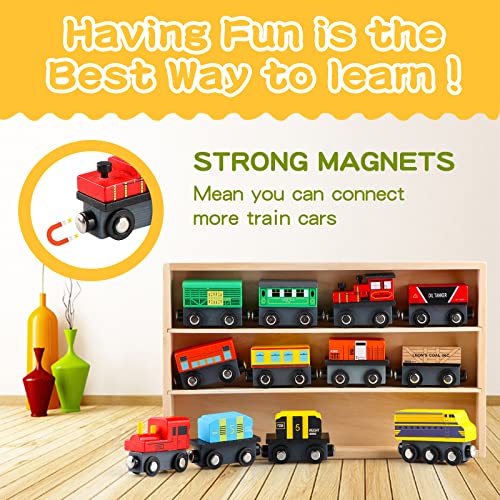 Jacootoys Juego Juguete de Tren Magnético de Madera con Caja de Almacenamiento (12 Piezas) Vehículos Motores de Coches para Niños Niñas 3 años