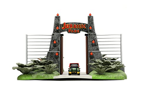 Jada- Jurassic Park Nanoescenario Puerta de Parque Jurásico, Especial 30 Aniversario de la Película Original, Con 2 Nanovehículos Metálicos de 4cm y 3 Dinosaurios (253252028)