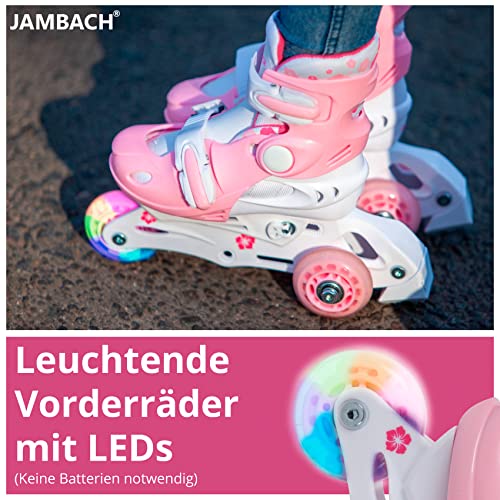 JAMBACH Patines en línea para niños, ajustables, tallas 26 – 37, juego para principiantes con casco y protectores convertibles en ruedas de apoyo Triskates, luz LED (XS (26 – 29), rosa y blanco)
