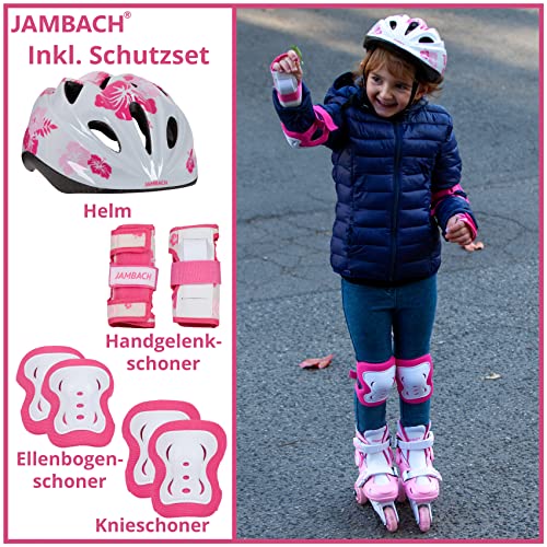JAMBACH Patines en línea para niños, ajustables, tallas 26 – 37, juego para principiantes con casco y protectores convertibles en ruedas de apoyo Triskates, luz LED (XS (26 – 29), rosa y blanco)