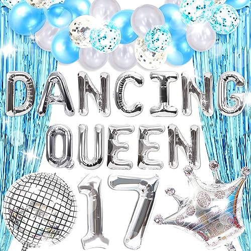 JeVenis 24 globos de la reina bailarina, 17 globos de reina bailarina, decoración de fiesta de cumpleaños 17, color azul plateado, decoración de cumpleaños de Mamma Mia, suministros de fiesta