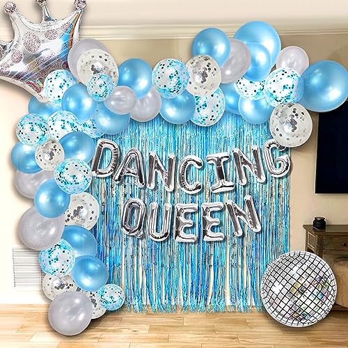 JeVenis 24 globos de la reina bailarina, 17 globos de reina bailarina, decoración de fiesta de cumpleaños 17, color azul plateado, decoración de cumpleaños de Mamma Mia, suministros de fiesta