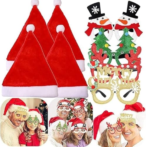 JeVenis 8PCS Sombrero de Navidad Gafas de Navidad Gorro de Papá Noel Accesorios de fotomatón de Navidad Suministros de Fiesta de Navidad Favores de Fiesta de Navidad