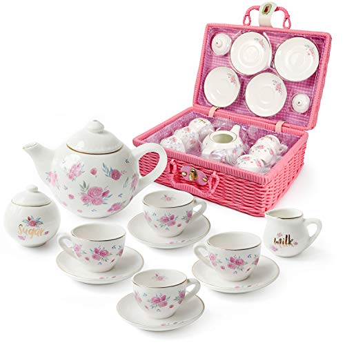 Jewelkeeper - Juego de té para niños con Cesta de Picnic Rosa, Servicio de té Juguete de Porcelana, vajilla Infantil de 13 Piezas - Diseño de Flores