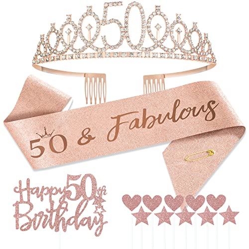 Jonvell 50 Años Corona Banda Cumpleaños Mujer Tiara Corona y Faja de Oro Rosa Cinturón de Cumpleaños Corona de Diamantes Topper per Torta di Compleanno 50 Regalo Mujer Cumpleaños Decoración