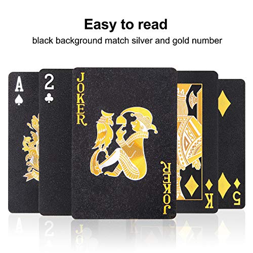 Joyoldelf Juego de 2 cartas negras geniales, juego de 2 barajas de cartas con patrón de calavera, impermeable, con estuche de cartas, cartas de póquer para fiestas y juegos, 1 oro + 1 plata