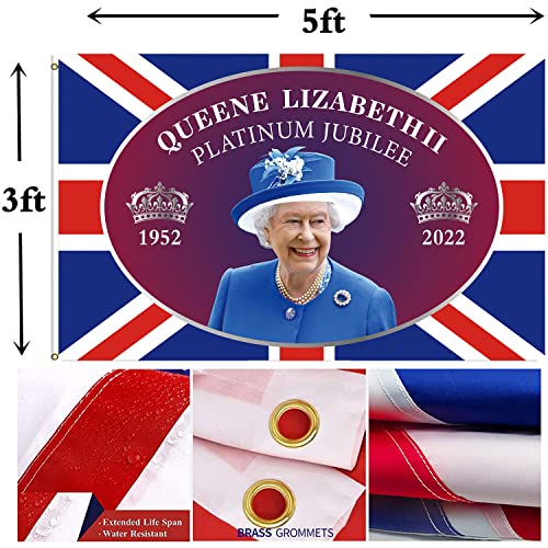 Jubilee Decorations 2022, Queens Jubilee 2022, banderas Union Jack de 5 pies x 3 pies con su majestad la reina, decoraciones de jubileo platino para decoración de jardín y fiesta