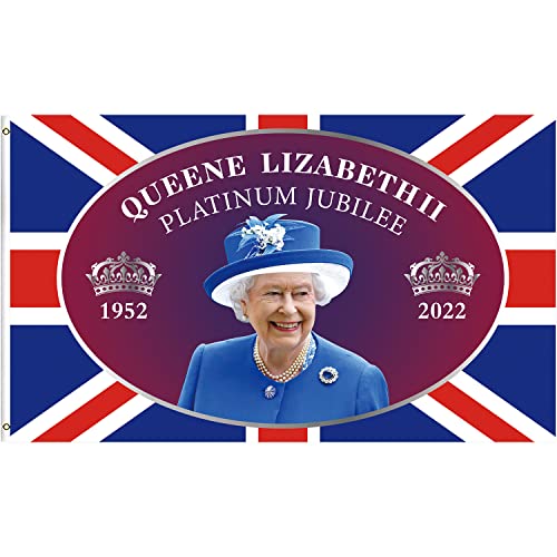 Jubilee Decorations 2022, Queens Jubilee 2022, banderas Union Jack de 5 pies x 3 pies con su majestad la reina, decoraciones de jubileo platino para decoración de jardín y fiesta