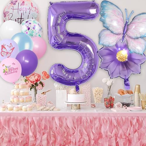 Juego de 5 años – Globo de papel de aluminio, 22 unidades, azul y lila, decoración de cumpleaños, diseño de mariposas y flores, globos para fiestas de cumpleaños infantiles, 5 globos para niñas,