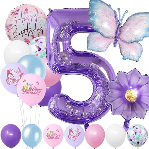 Juego de 5 años – Globo de papel de aluminio, 22 unidades, azul y lila, decoración de cumpleaños, diseño de mariposas y flores, globos para fiestas de cumpleaños infantiles, 5 globos para niñas,