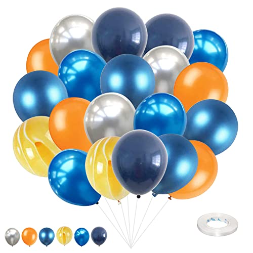 Juego de 60 globos de látex azul y amarillo, azul marino metálico, plateado, naranja, amarillo, ágata, globos de látex azul y naranja, juego de globos de fiesta espacial para niños con temática del