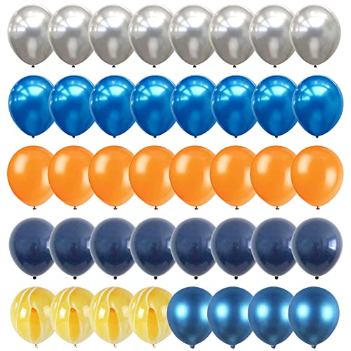 Juego de 60 globos de látex azul y amarillo, azul marino metálico, plateado, naranja, amarillo, ágata, globos de látex azul y naranja, juego de globos de fiesta espacial para niños con temática del