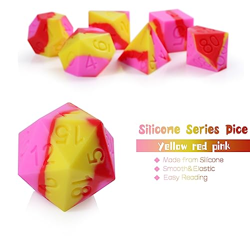 Juego de dados de silicona de Calabozos y Dragones, DNDND 7 piezas de goma de silicona DND con vitrina de plástico transparente para juegos de rol D&D y juegos de mesa (rosa, amarillo y rojo)