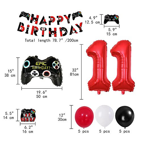 Juego de decoración de fiesta de cumpleaños para niños de 11 años, con vídeojuegos, juego de accesorios de decoración con pancarta, color negro y rojo, deco de cumpleaños para niños 11 años