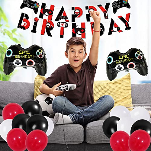 Juego de decoración de fiesta de cumpleaños para niños de 11 años, con vídeojuegos, juego de accesorios de decoración con pancarta, color negro y rojo, deco de cumpleaños para niños 11 años