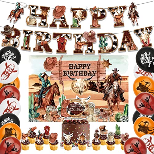 Juego de decoraciones de fiesta de cumpleaños de vaquero occidental con temática de vaquero occidental, pancarta de feliz cumpleaños, globo, fondo para fiestas de vaquero occidental, suministros