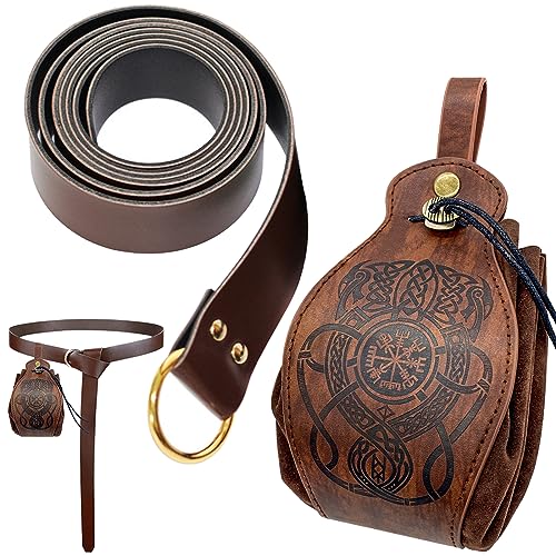 Juego de funda de piel medieval: 23 × 12 cm, cinturón vikingo con cinturón de piel, cartera portátil con cordón, bolso vintage para senderismo, tiro con arco, disfraz renacentista (marrón), b, talla