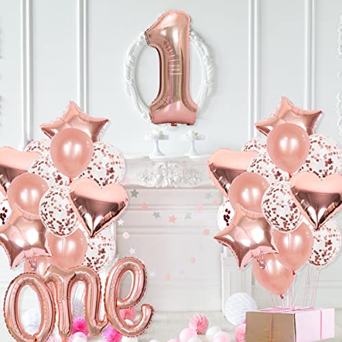 Juego de globos de oro rosa para 1 cumpleaños, para niñas, decoración de cumpleaños de 1 año, globos de oro rosa con lentejuelas de oro rosa para niñas y mujeres, decoraciones de primer cumpleaños