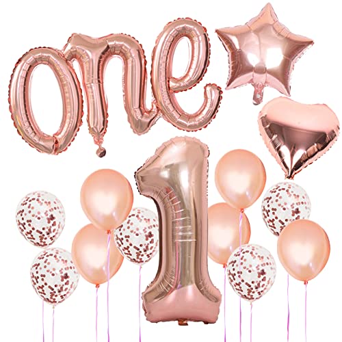 Juego de globos de oro rosa para 1 cumpleaños, para niñas, decoración de cumpleaños de 1 año, globos de oro rosa con lentejuelas de oro rosa para niñas y mujeres, decoraciones de primer cumpleaños