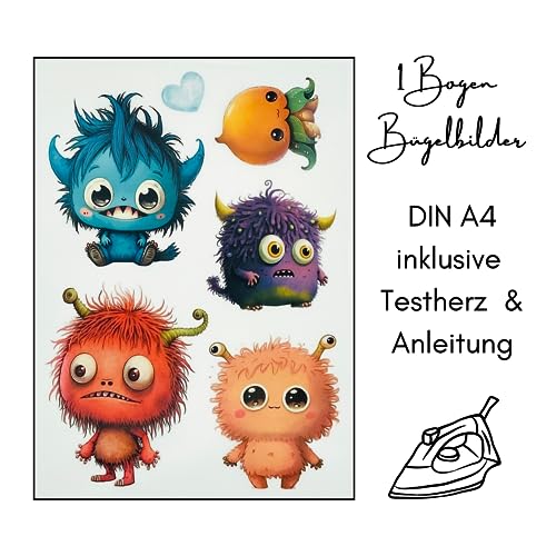 Juego de imágenes para planchar para textiles DIN A4, niños, niñas, niños, dinosaurios, unicornios, animales del bosque, grandes y pequeños, para planchar, diferentes diseños (4 monstruos)