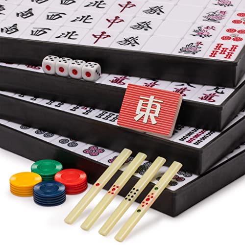 Juego de Mahjong Riichi japonés de Yellow Mountain Imports: Grandes fichas Blancas y Verdes, Estuche de Vinilo