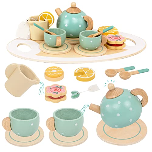 Juego de té de madera para niños pequeños, juego de té para niñas y niños, accesorios de cocina, juego de fiesta de té para niños para aprender la manera de la mesa