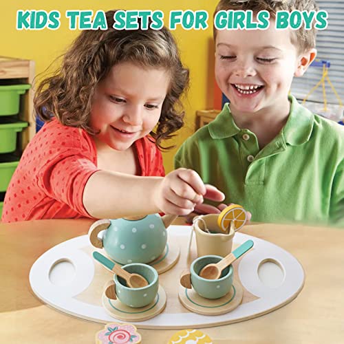 Juego de té de madera para niños pequeños, juego de té para niñas y niños, accesorios de cocina, juego de fiesta de té para niños para aprender la manera de la mesa