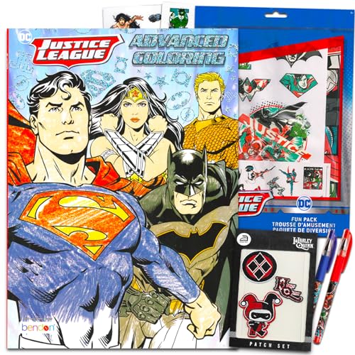 Justice Leage Advanced - Juego de libros para colorear – Paquete con libro para colorear de la Liga de la Justicia para adultos con Superman, Batman, Wonder Woman, más calcomanías | Libro para