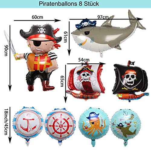 Jxuzh 8 piezas Pirates Pirates Balos de cumpleaños para niños Juego de niños Pirates Tema de cumpleaños Redonda Piel Piel Decoración Océano Animales de tiburón Filón Pirata Pirata Barabon