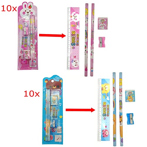 JZK Juego de 20 lápices con borrador, regla, sacapuntas para niños, regalos de fiesta, bolsa de relleno, regalo de cumpleaños para niño y niña