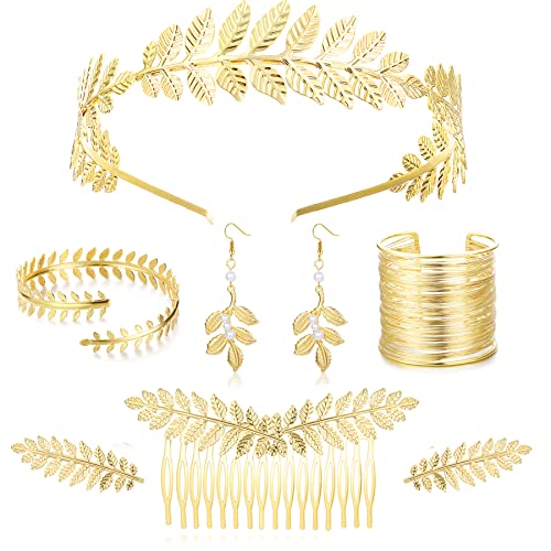 Kakonia Juego de 8 accesorios de disfraz de diosa griega para mujer, accesorios de diosa griega dorada, diadema de hoja, pulsera de bobina, pendientes colgantes de hoja dorados