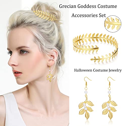 Kakonia Juego de 8 accesorios de disfraz de diosa griega para mujer, accesorios de diosa griega dorada, diadema de hoja, pulsera de bobina, pendientes colgantes de hoja dorados