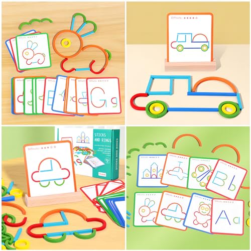 KANCAI Madera Creativa Palos Y Anillos Rompecabezas, Montessori Matching Puzzle Juguetes,Color Y Forma Cognición Juguetes Educativos para 2 3 4 5 Años De Bebé Niños