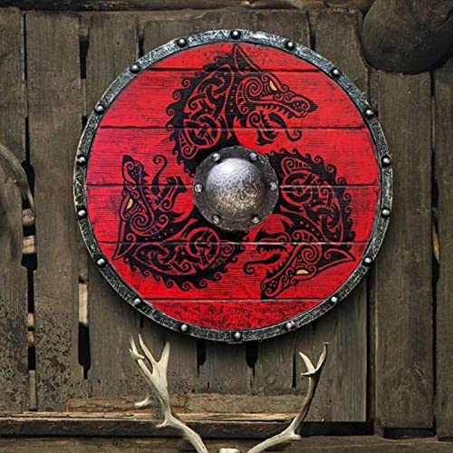 Kekou Escudo Vikingo para Cosplay,Fenrir Wolf Escudo de Lectura de Batalla Vikingo de Madera - Accesorios de Vestuario Medieval Hechos a Mano con decoración de Armadura vikinga