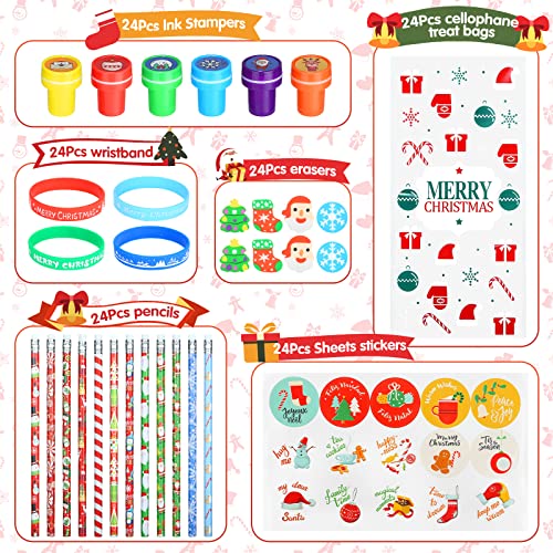 Kesote Navidad kit de 144 Decoración para niños Bolsa de Caramelo Decoración Sellos Pulseras Pegatinas y Borrador Lápices de Navidad Regalos para Niños